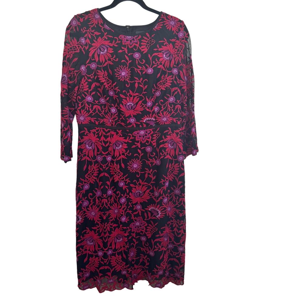 Adrianna Papell Sheath Dress Pink Black Floral Embroidered Zip 3/4 Sleeve Sz 10